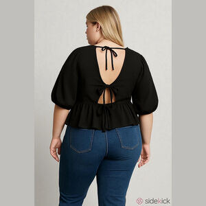 ASOS Design Black Scuba Peplum Dropped Waist with Puffed Sleeves Blouse Top